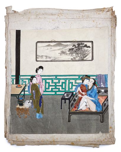 CHINE - XIXe siècle Series of eight images, ink and colors on paper, couples playing...