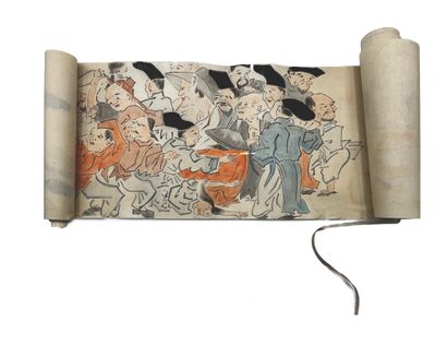 JAPON - Epoque EDO (1603 - 1868), XIXe siècle Rouleau, encre polychrome sur papier,...