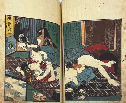 JAPON - MILIEU XIXe SIÈCLE Ecole Utagawa : Album of eighteen pages, with decoration...