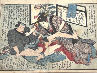JAPON - MILIEU XIXe SIÈCLE Ecole Utagawa : Four pages of album with erotic scenes...