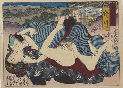 JAPON - XIXe SIÈCLE Ecole Utagawa : Three prints with erotic scene decoration, an...