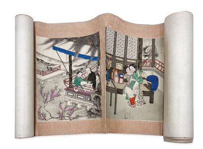 CHINE - XIXe siècle Roll containing ten inks on paper depicting couples in interiors...