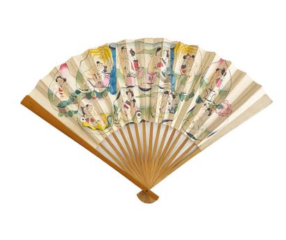 CHINE - Début XXe siècle Paper fan decorated with a fisherman on one side, an old...