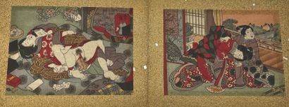 JAPON - Début XXe siècle Accordion album, ten inks on silk, couples mating in interiors.
H_14,5...