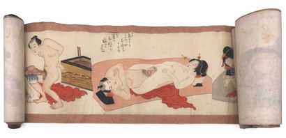 JAPON - Epoque MEIJI (1868 - 1912) Ink on silk, seven couples with expressive faces,...