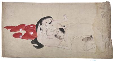 JAPON - Milieu Epoque EDO (1603 - 1868) Encre sur papier, le cunnilungus. (Taches,...