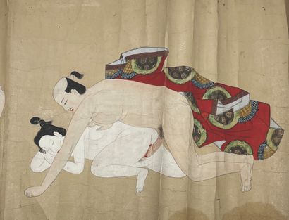 JAPON - Epoque EDO (1603 - 1868), XVIIIe siècle Rouleau, encre polychrome sur papier,...