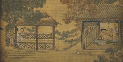 CHINE - XIXe siècle Narrative scroll, polychrome ink on silk, illustrating couples...