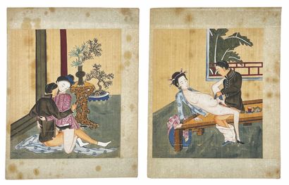 CHINE - XIXe siècle Two inks and colors on silk, two couples playing with clouds...