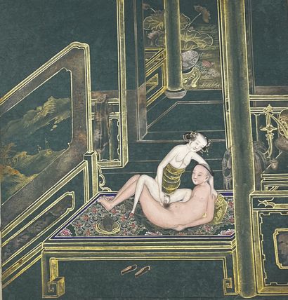 CHINE - Début XIXe siècle Album of ten ink, color and gold illustrations on green...