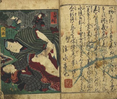 JAPON - MILIEU XIXe SIÈCLE Album de trente pages dont quatorze illustrations en couleurs,...