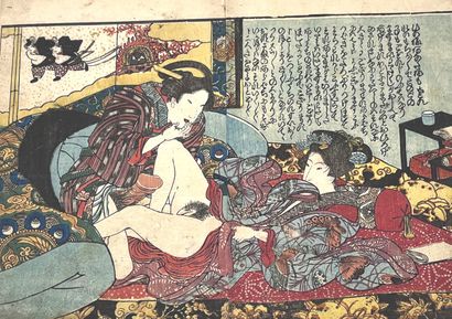 JAPON - MILIEU XIXe SIÈCLE Ecole Utagawa : Four pages of album with erotic scenes...