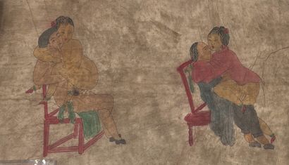 CHINE - Début XXe siècle Two pre-war silk-scrolls, color-enhanced prints of European...