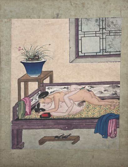 CHINE - XIXe siècle Two pages, ink and colors on paper, illustrating scenes of interiors...