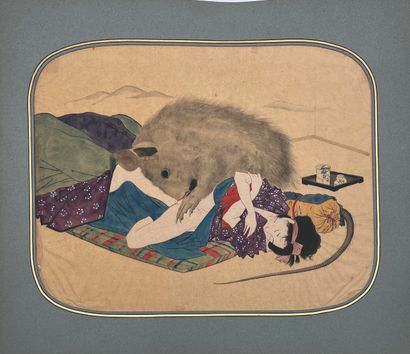 JAPON - Epoque MEIJI (1868 - 1912) Onze dessins sur papier à décor de scènes érotiques...