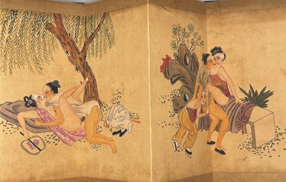 CHINE - Début XXe siècle Accordion album with six erotic scenes in the open air,...