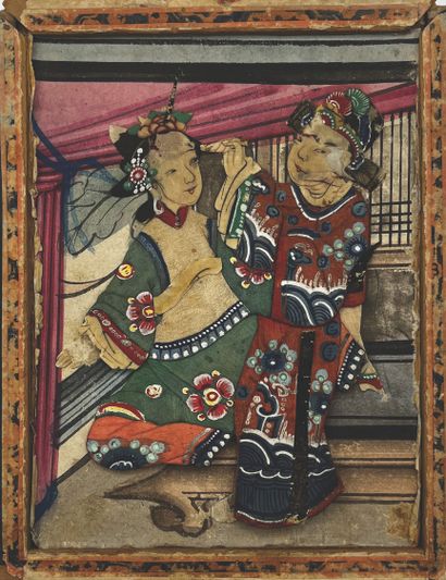 CHINE - XIXe siècle Two cardboard and fabric panels decorated with couples playing...