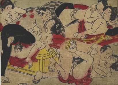 JAPON - Epoque MEIJI (1868 - 1912) Thirty-four pages cut out, illustrating erotic...