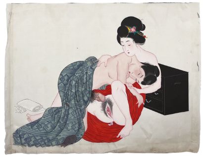 JAPON - Epoque MEIJI (1868 - 1912) Two inks on silk, naked couples mating.
H_20 cm...