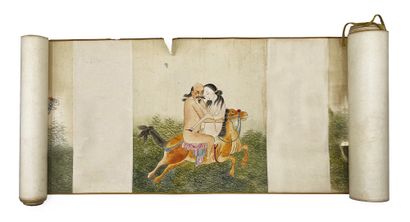CHINE - Vers 1900 Roll with eight polychrome inks on paper, Mongolian couples in...