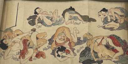 JAPON - XIXE SIÈCLE Encre sur papier à décor de scènes érotiques dans une maison...