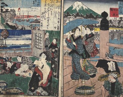 JAPON - XIXE SIÈCLE Album of eleven pages illustrated in color of couples in full...