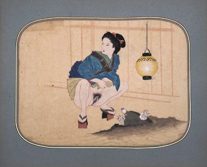 JAPON - Epoque MEIJI (1868 - 1912) Eleven drawings on paper with erotic scenes illustrating...