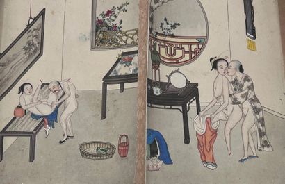 CHINE - XIXe siècle Roll containing ten inks on paper depicting couples in interiors...