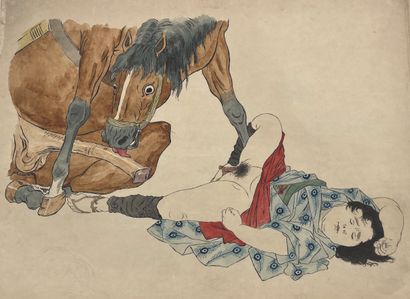DANS LE GOUT DU JAPON - VERS 1900 Ensemble de douze gravures à décor de scènes érotiques...