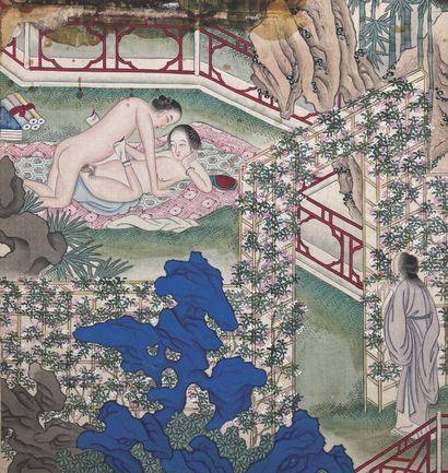 CHINE - XIXe siècle Set of seven album pages, polychrome inks on silk, illustrating...