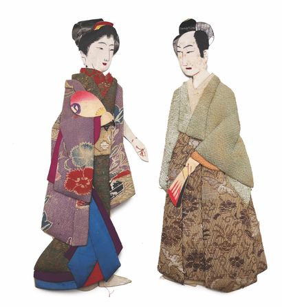 JAPON - Epoque MEIJI (1868 - 1912) Couple de marionnettes en papier, les vêtements...