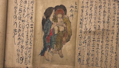 JAPON - XIXE SIÈCLE Rouleau, encre et couleurs sur papier à décor de scènes érotiques...