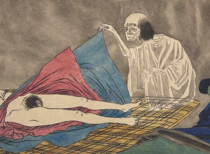 DANS LE GOUT DU JAPON - VERS 1900 Ensemble de douze gravures à décor de scènes érotiques...