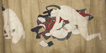 JAPON - Epoque EDO (1603 - 1868), XVIIIe siècle Rouleau, encre polychrome sur papier,...