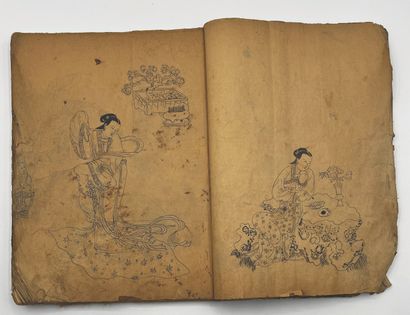 CHINE - Fin XIXe siècle Bound album of 402 pages, ink on paper, couples embracing...