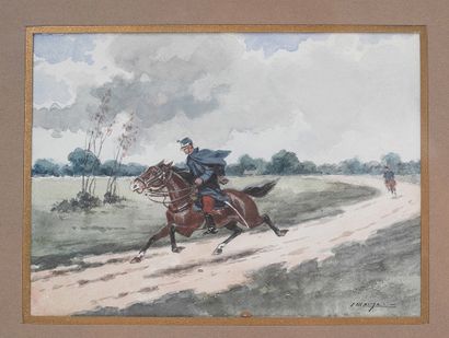 null Jules Monge (1855-1934) Le hussard Aquarelle signée en bas à droite. H_12 cm...