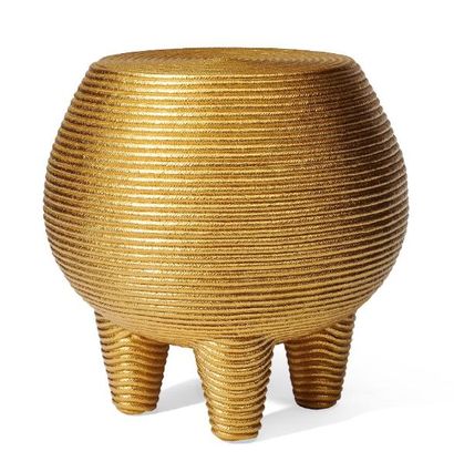 null TABOURET ILBOL Corde de coton peinte en couleur or. Création 1994. H_45 cm D_46...