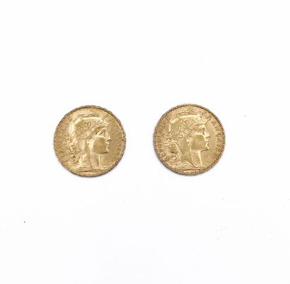 null Lot de 2 pièces en or de 20 francs effigie coq et Marianne de 1912 Etat d'u...