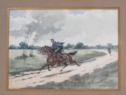 null Jules Monge (1855-1934) The Hussar Watercolor signed lower right. H_12 cm W_16...