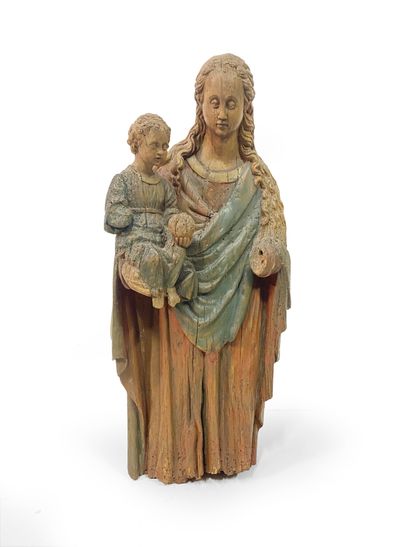 null Vierge à l’Enfant en bois sculpté et polychromé. XVe siècle (quelques manques,...