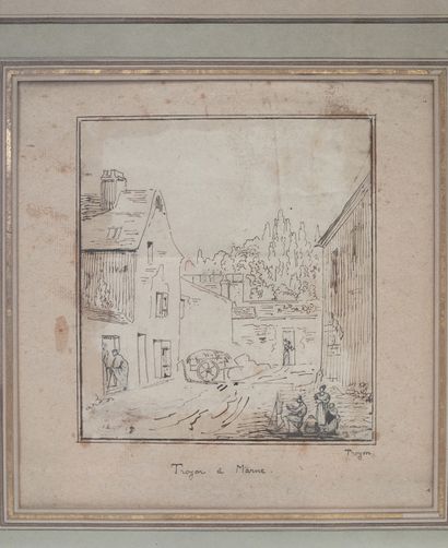 null Constantin Troyon (1810 - 1865) Troyon à Marne Dessin à la plume. Signé en bas...