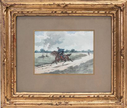 null Jules Monge (1855-1934) Le hussard Aquarelle signée en bas à droite. H_12 cm...