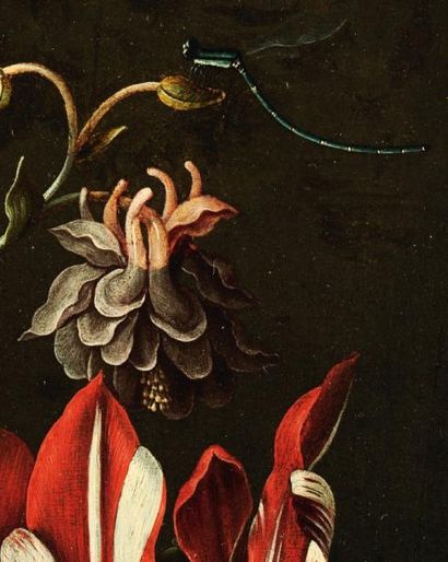 Jacob van Hulsdonck (Anvers 1582 - 1647) Bouquet de tulipes avec une rose et des...