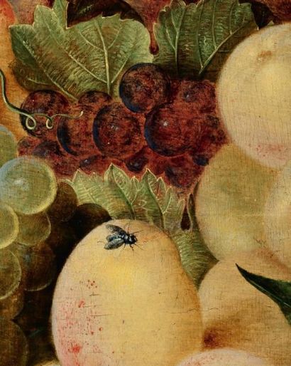 Isaac Soreau (Francfort 1604 - 1644) Corbeille de fruits sur un entablement Panneau...