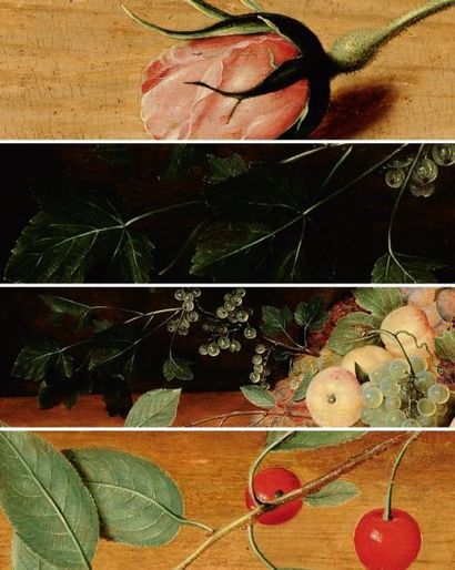 Isaac Soreau (Francfort 1604 - 1644) Corbeille de fruits sur un entablement Panneau...