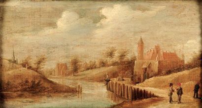 Attribué à David Teniers (1610-1690) Deux paysans en conversation avec un pêcheur...