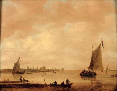 Salomon van Ruysdael (Naarden 1600 - Haarlem 1670) Scène d'estuaire avec des pêcheurs...