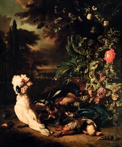 Jan Weenix (Amsterdam 1642 - 1719) Cacatoès blanc et gibier devant un buisson en...