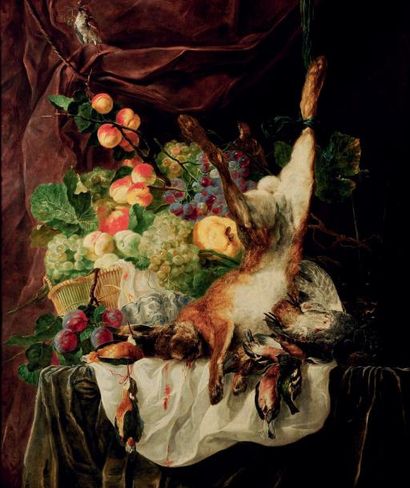 Jan Fyt (Anvers 1611 - 1661) Gibier à poil et à plumes avec une corbeille de fruits...