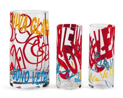 VENTURI Prototypes Ensemble composé d'un vase et de deux verres en verre de Murano...